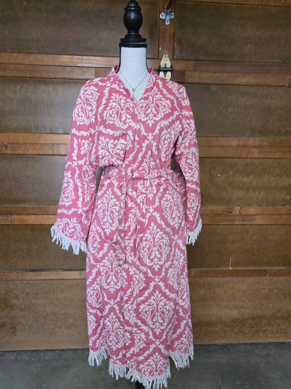 Women's Pink Damask Cotton Robe Fringe Belted Boho Resort Kimono Coastal Gothic